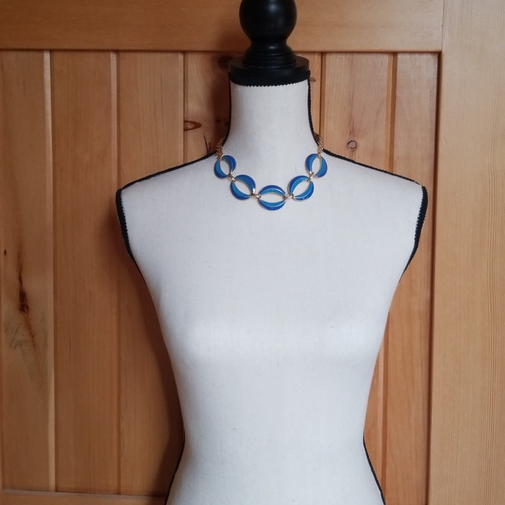 Vintage Mid Century Blue Enamel Goldtone Trim Statement Necklace - Picture 9 of 13